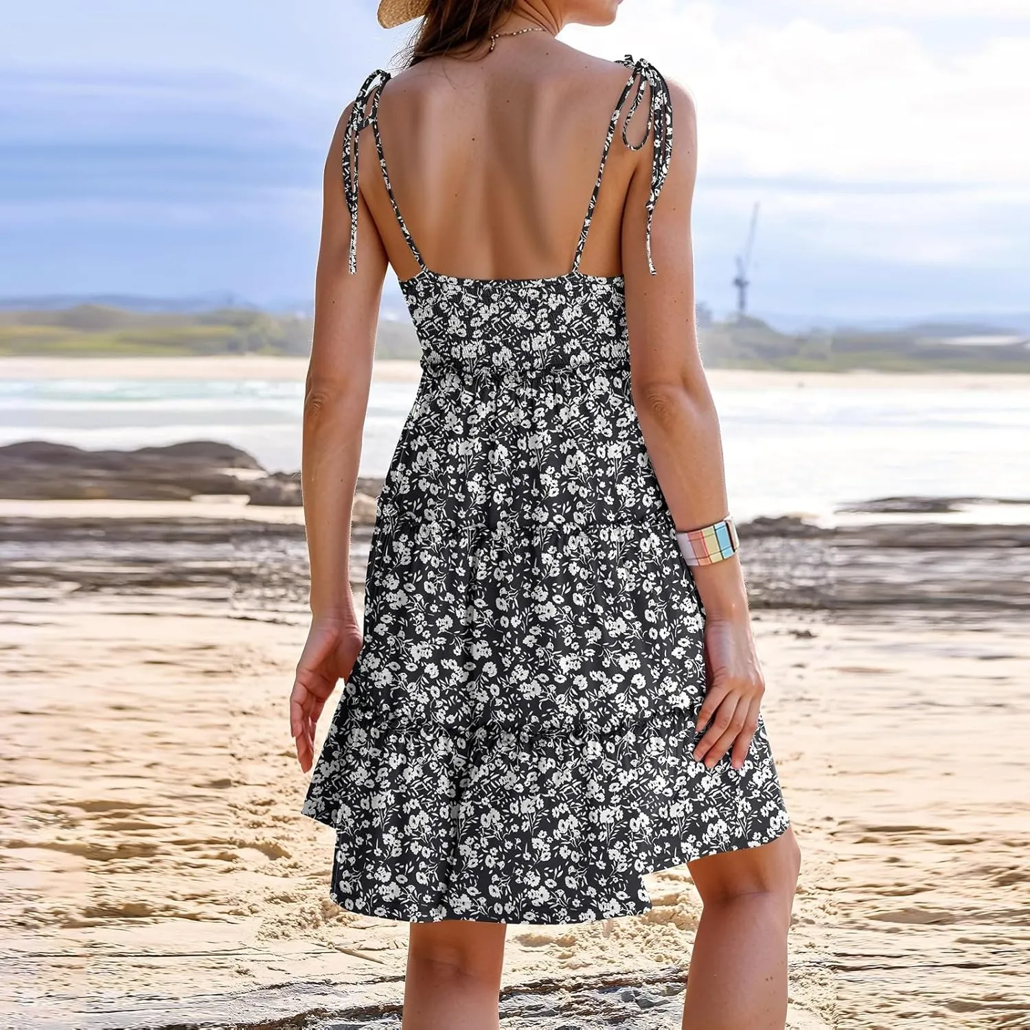 Sundresses for Women 2025 Floral Tiered Mini Skater Dress Cute Summer Spaghetti Strap Flowy Babydoll Sun Dress