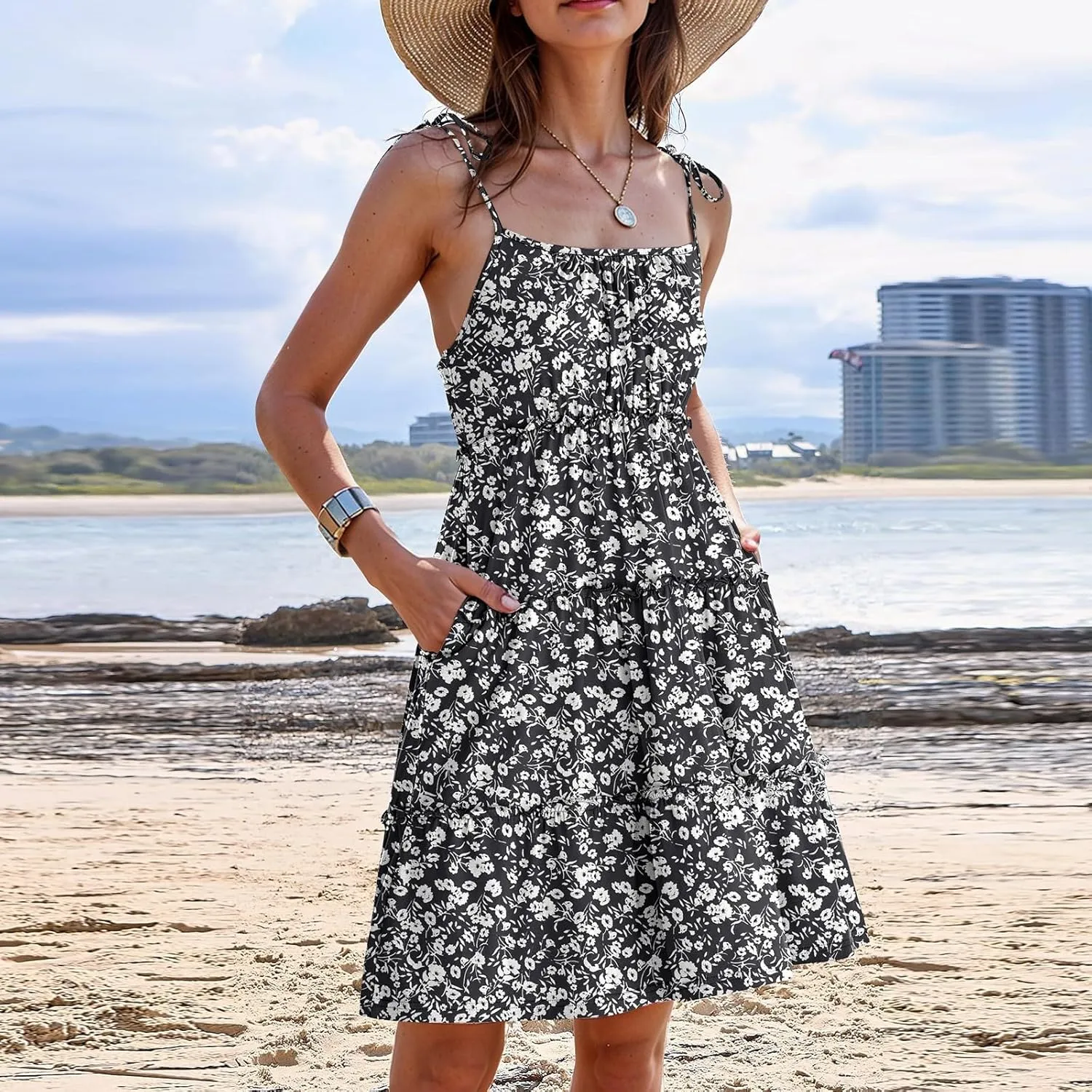 Sundresses for Women 2025 Floral Tiered Mini Skater Dress Cute Summer Spaghetti Strap Flowy Babydoll Sun Dress