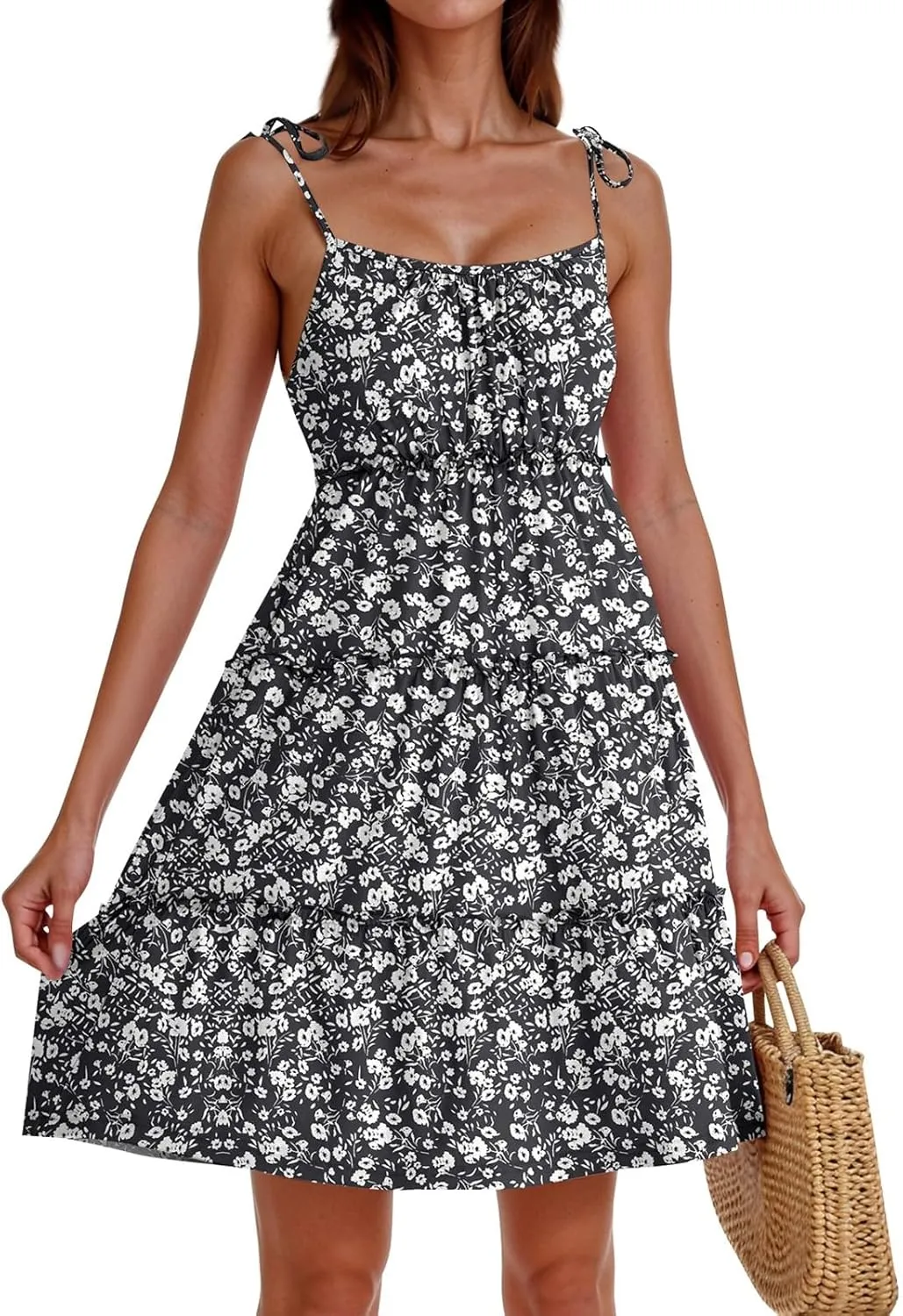Sundresses for Women 2025 Floral Tiered Mini Skater Dress Cute Summer Spaghetti Strap Flowy Babydoll Sun Dress