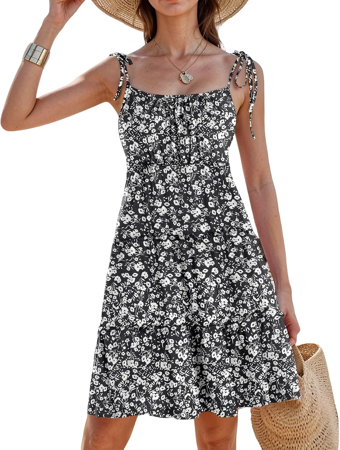 Sundresses for Women 2025 Floral Tiered Mini Skater Dress Cute Summer Spaghetti Strap Flowy Babydoll Sun Dress