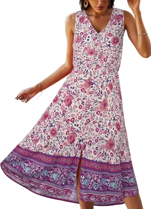 TEMOFON Women Dress Summer Sleeveless Bohemian: Floral V Neck Button Down Flowy Boho Dresses S-XL