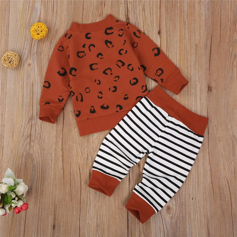 Unisex Long Sleeve Leopard Cardigan Top & Striped Pants Bulk Kids Clothes