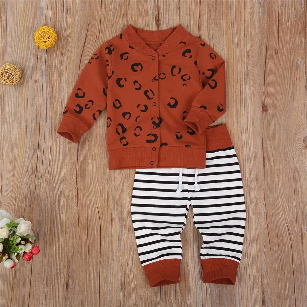 Unisex Long Sleeve Leopard Cardigan Top & Striped Pants Bulk Kids Clothes