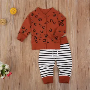 Unisex Long Sleeve Leopard Cardigan Top & Striped Pants Bulk Kids Clothes