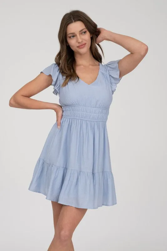 V NECK SHORT SLEEVE RUFFLE DETAIL SHIRRED MINI DRESS