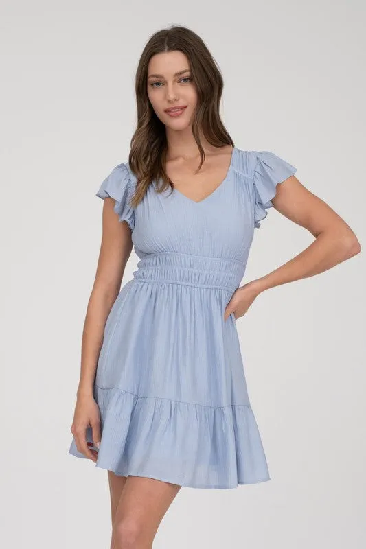 V NECK SHORT SLEEVE RUFFLE DETAIL SHIRRED MINI DRESS