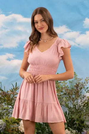 V NECK SHORT SLEEVE RUFFLE DETAIL SHIRRED MINI DRESS