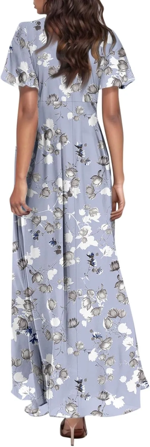 Women Easter Dress Elegant Long Floral Dresses Casual Summer Ruffle Sleeve Vneck Dress Wrap Wedding Guest Maxi Dresses