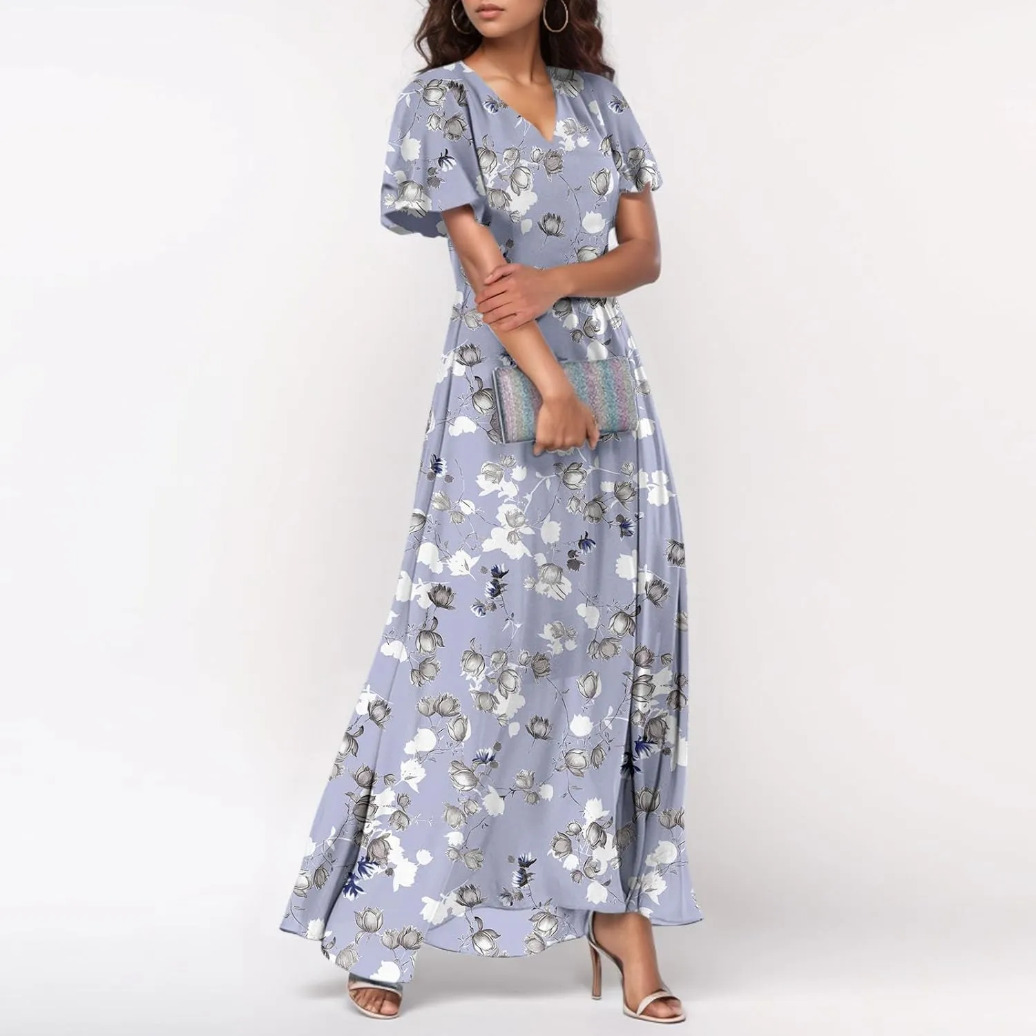 Women Easter Dress Elegant Long Floral Dresses Casual Summer Ruffle Sleeve Vneck Dress Wrap Wedding Guest Maxi Dresses