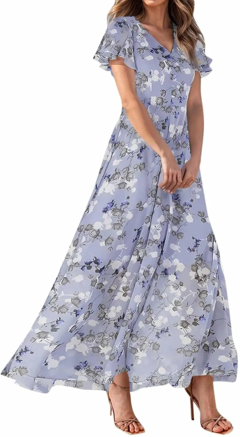 Women Easter Dress Elegant Long Floral Dresses Casual Summer Ruffle Sleeve Vneck Dress Wrap Wedding Guest Maxi Dresses