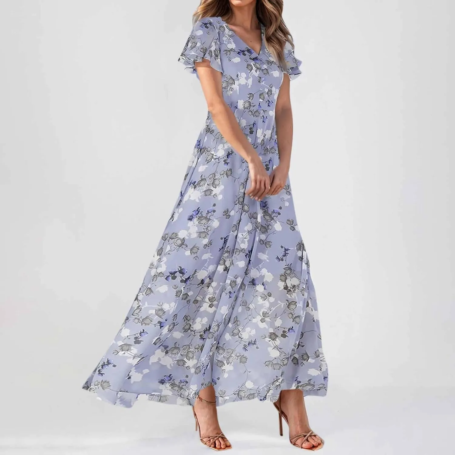 Women Easter Dress Elegant Long Floral Dresses Casual Summer Ruffle Sleeve Vneck Dress Wrap Wedding Guest Maxi Dresses