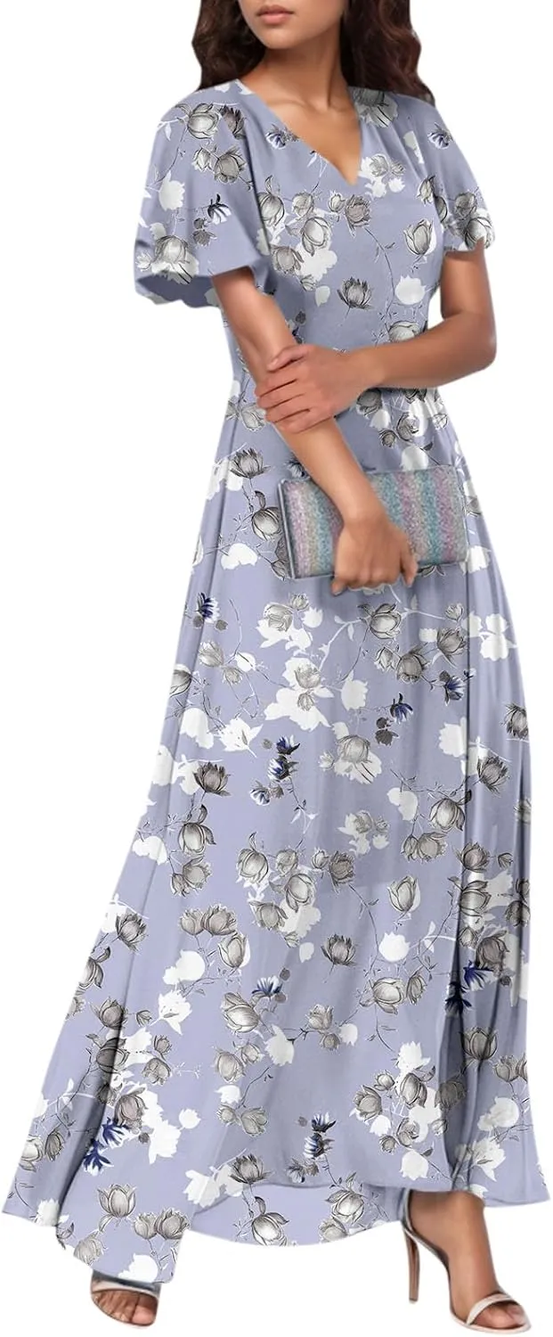 Women Easter Dress Elegant Long Floral Dresses Casual Summer Ruffle Sleeve Vneck Dress Wrap Wedding Guest Maxi Dresses