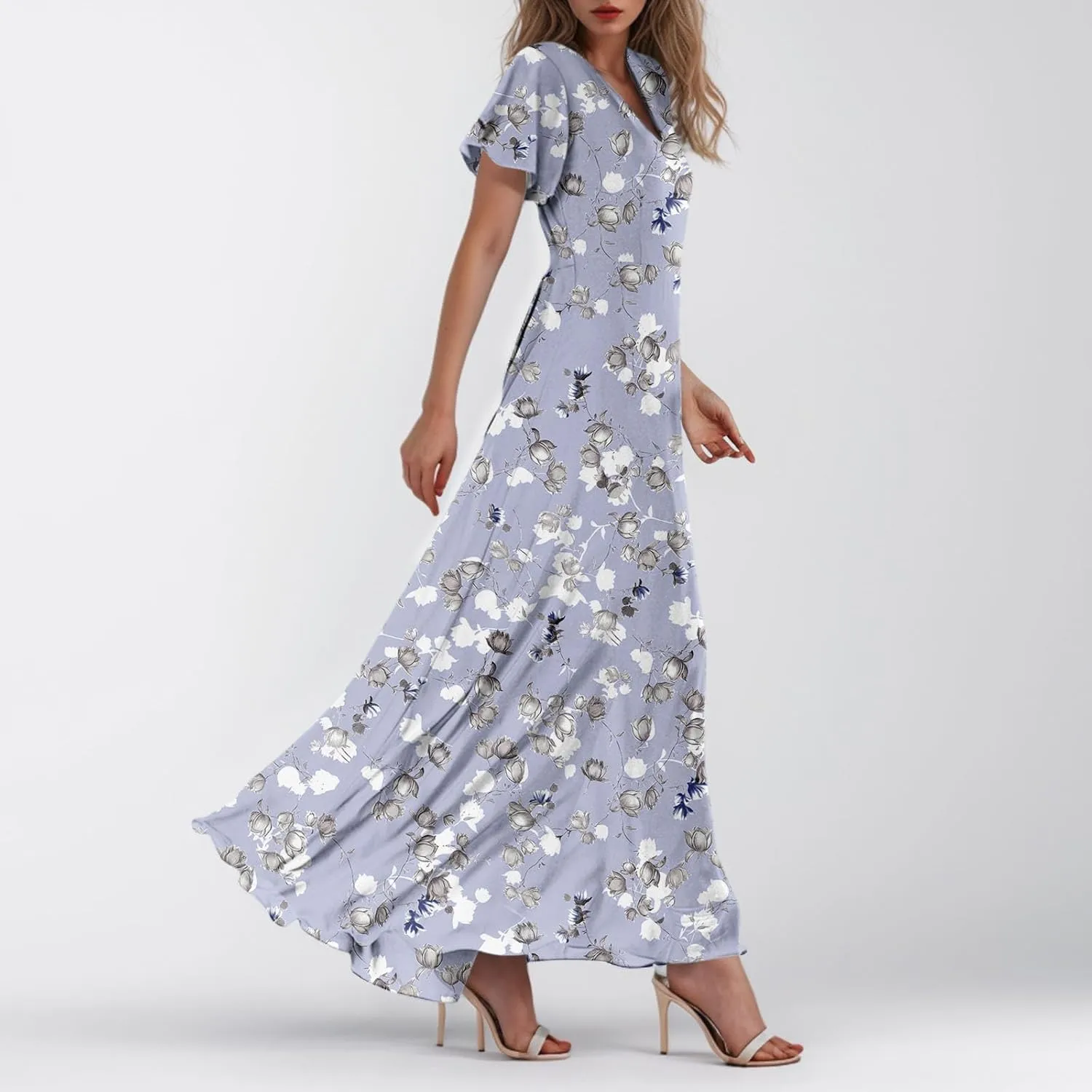 Women Easter Dress Elegant Long Floral Dresses Casual Summer Ruffle Sleeve Vneck Dress Wrap Wedding Guest Maxi Dresses