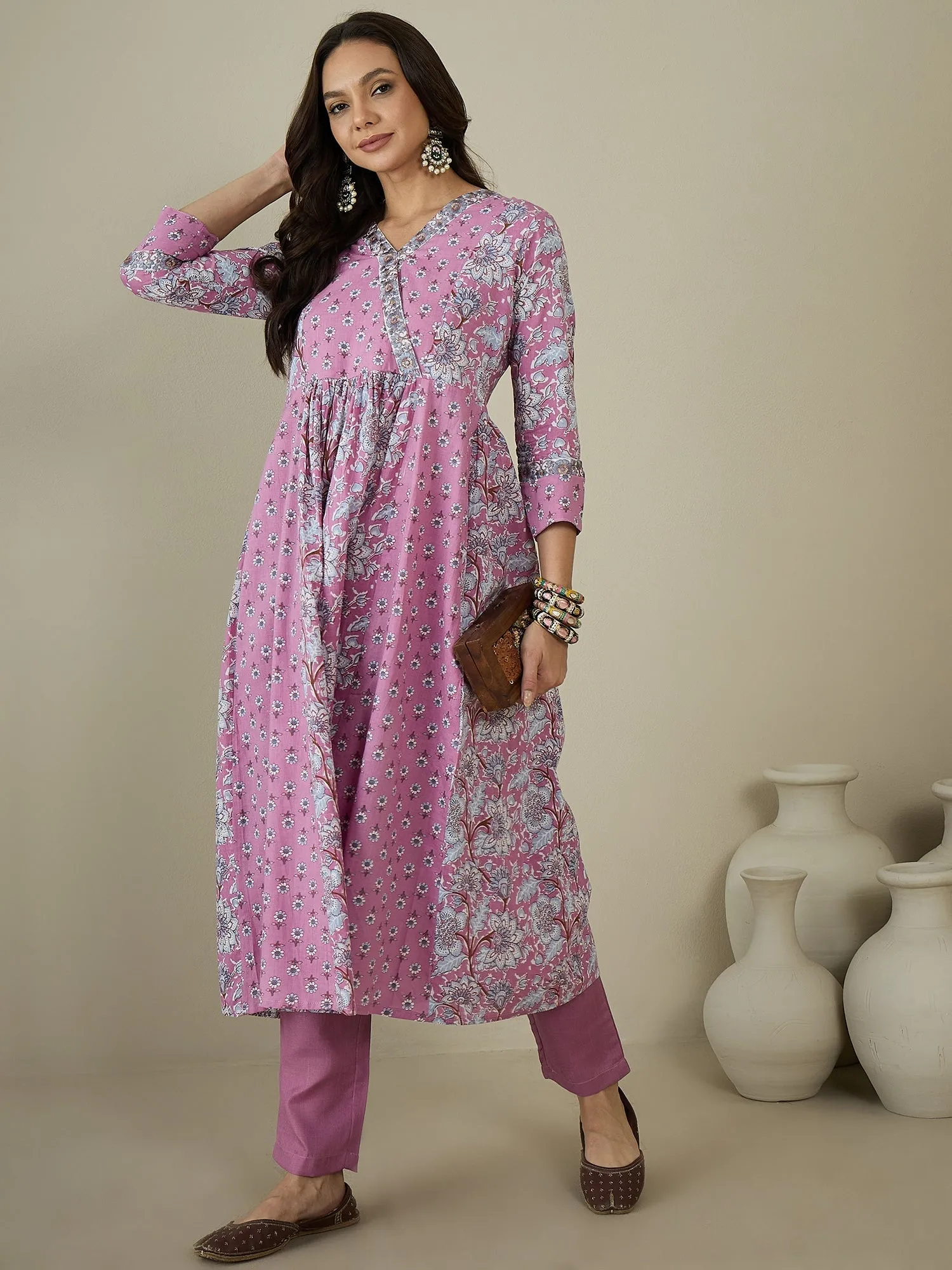Women Floral Printed Angrakha Sequinned Kurta with Trousers