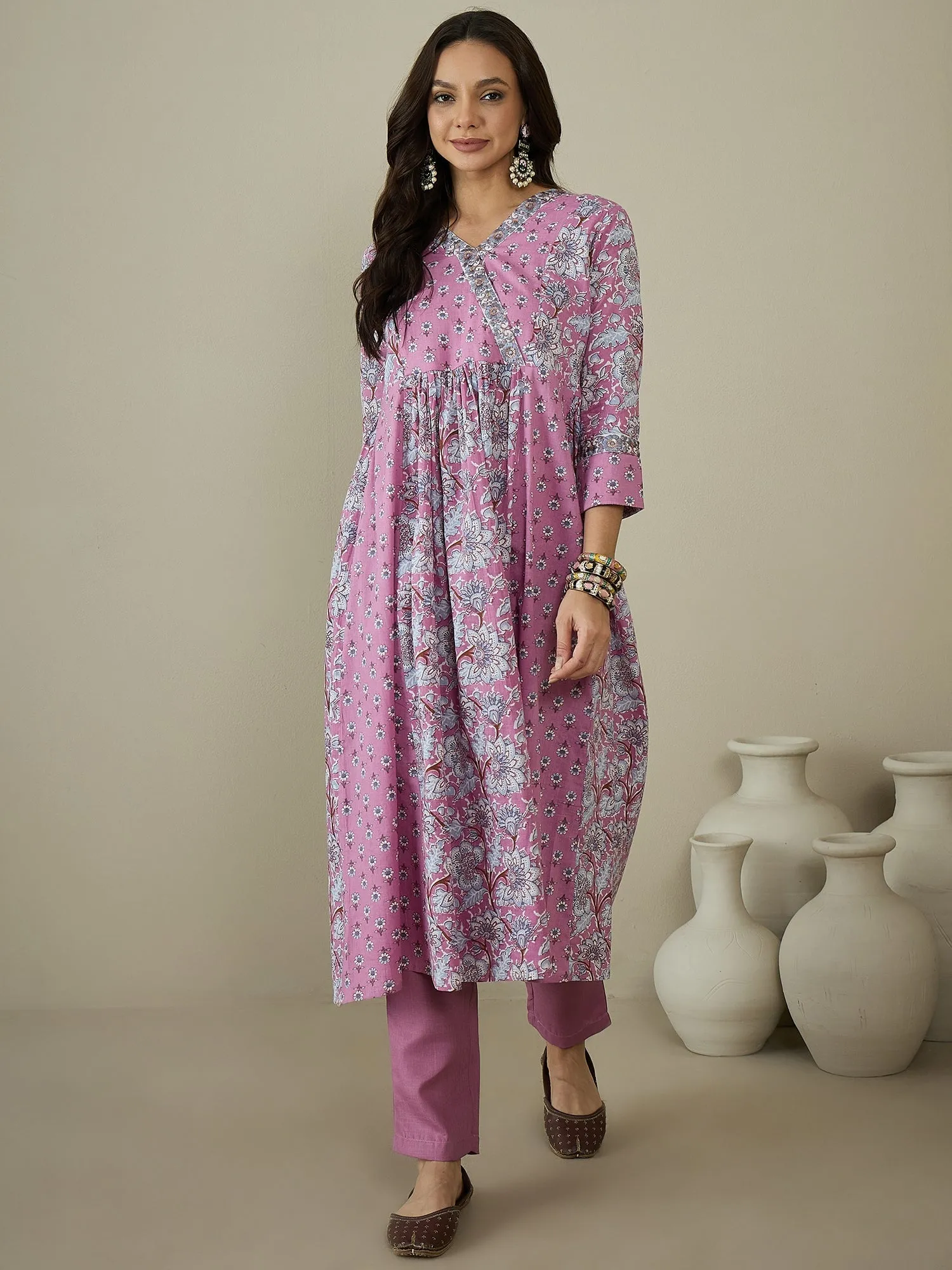 Women Floral Printed Angrakha Sequinned Kurta with Trousers