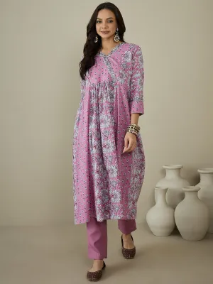 Women Floral Printed Angrakha Sequinned Kurta with Trousers