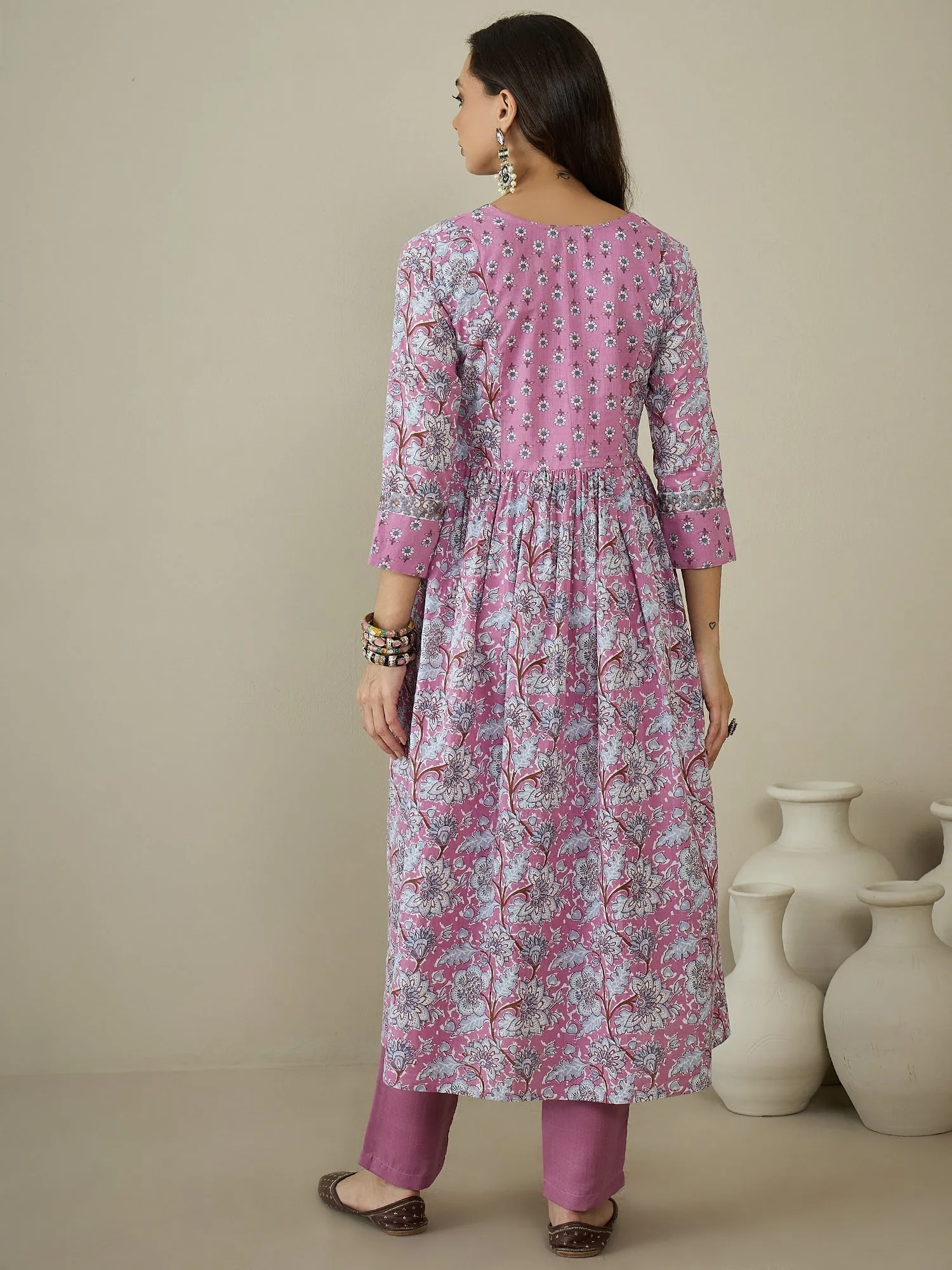 Women Floral Printed Angrakha Sequinned Kurta with Trousers