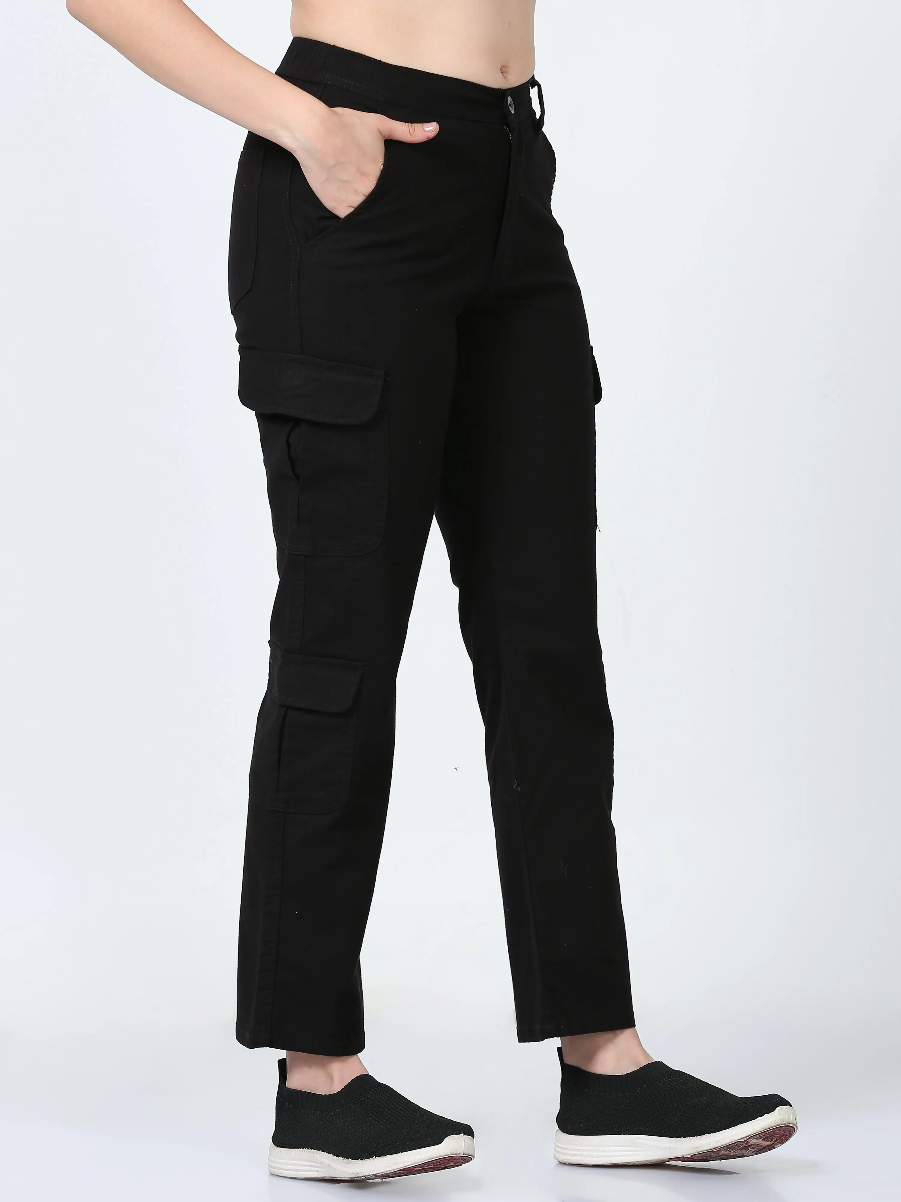 Women Lazy Linen Cargo Trousers-Black