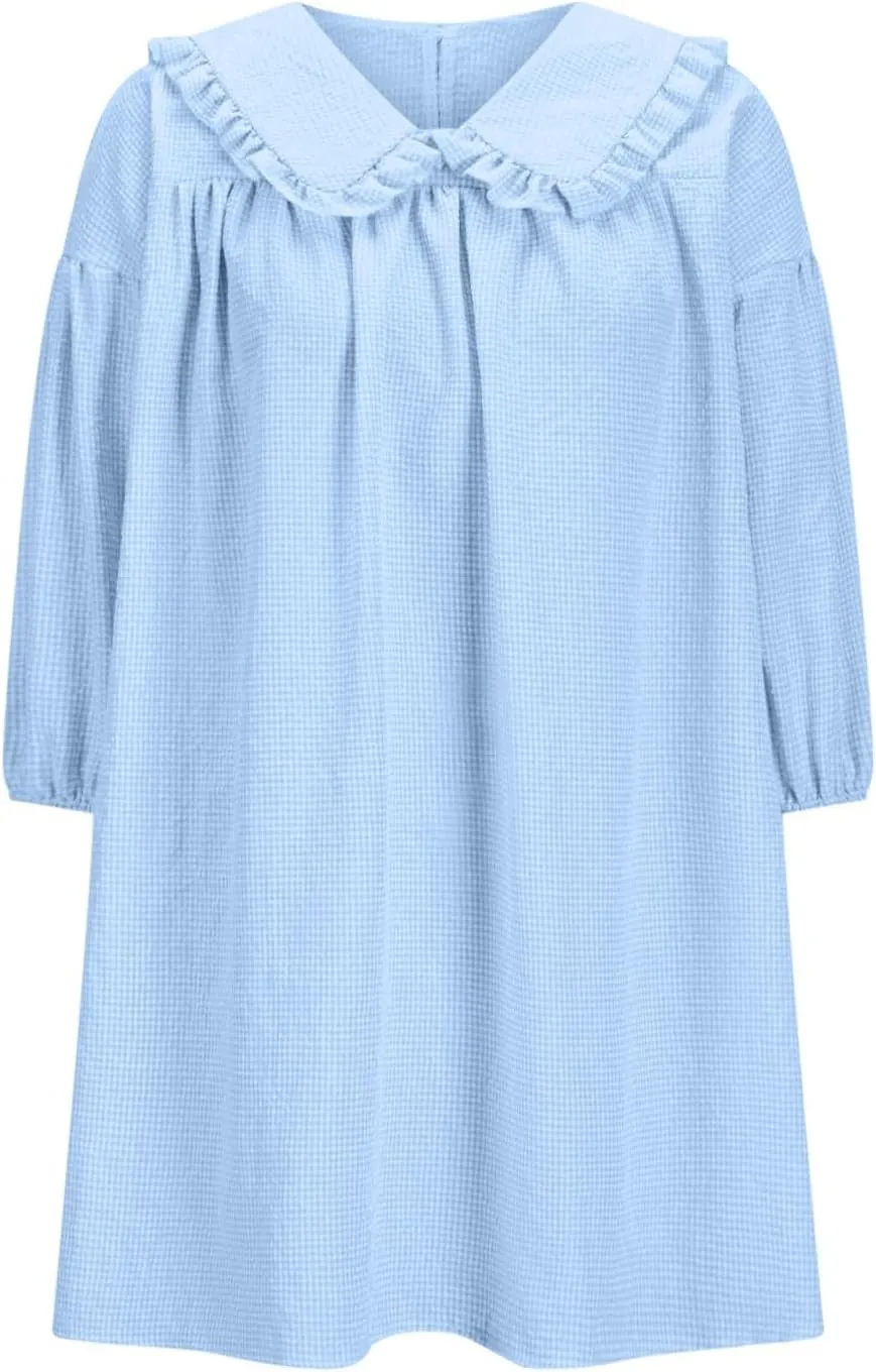 Women Oversized Smock Dresses Cute Doll Collar 3/4 Length Puff Sleeve Midi Dress Loose Comfy Beach Casual Sundress