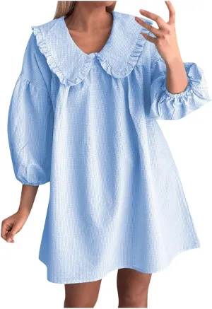 Women Oversized Smock Dresses Cute Doll Collar 3/4 Length Puff Sleeve Midi Dress Loose Comfy Beach Casual Sundress