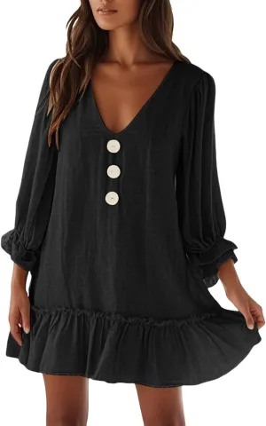 Women Summer Linen Dress Ruffle Hem Button Down Long Sleeve Mini Dress Deep V Neck Flowy Beach Vacation Short Dresses
