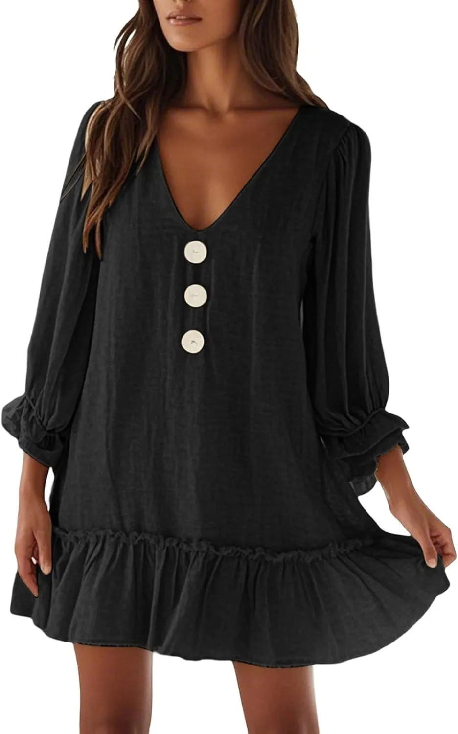 Women Summer Linen Dress Ruffle Hem Button Down Long Sleeve Mini Dress Deep V Neck Flowy Beach Vacation Short Dresses