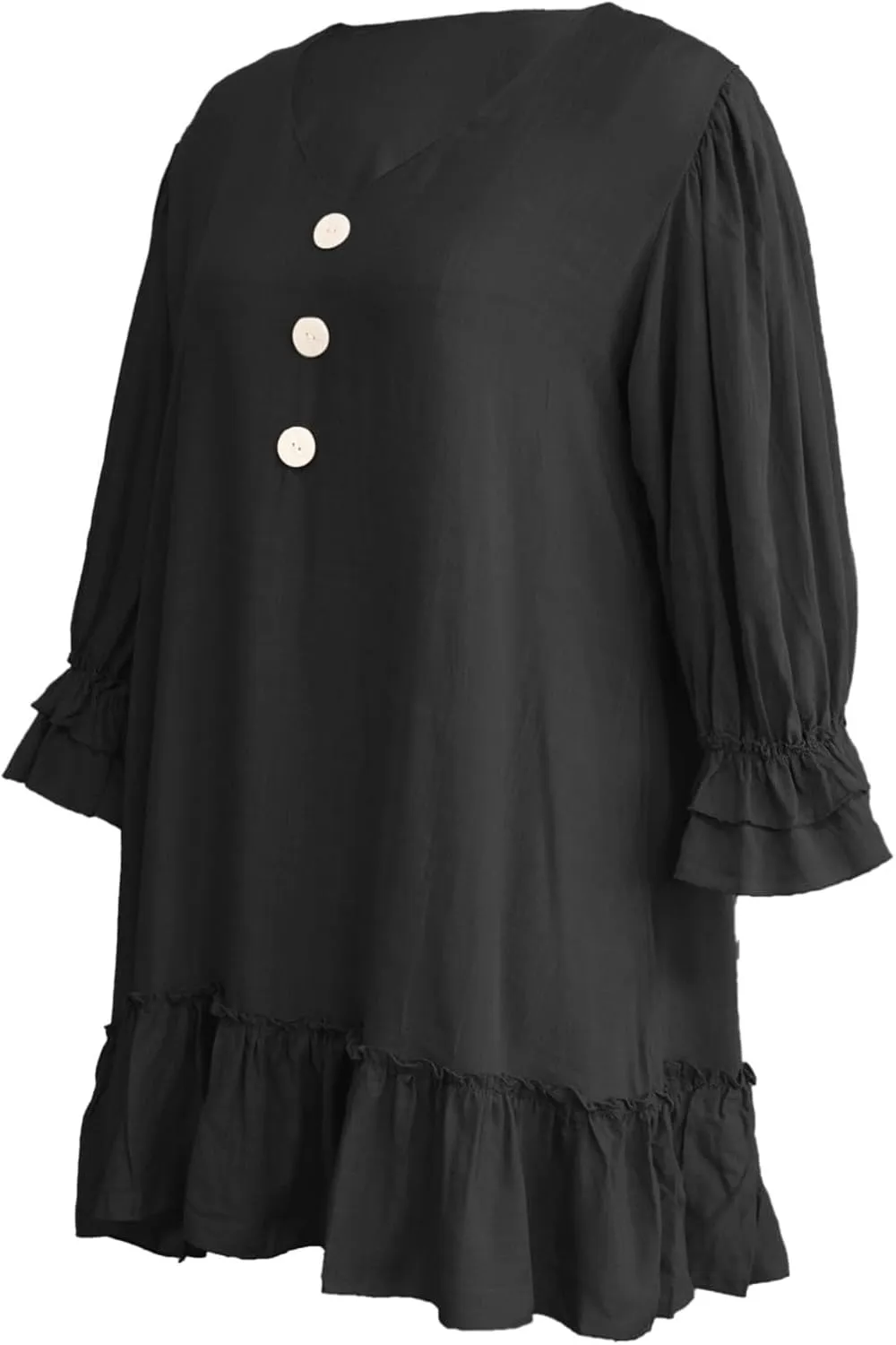 Women Summer Linen Dress Ruffle Hem Button Down Long Sleeve Mini Dress Deep V Neck Flowy Beach Vacation Short Dresses