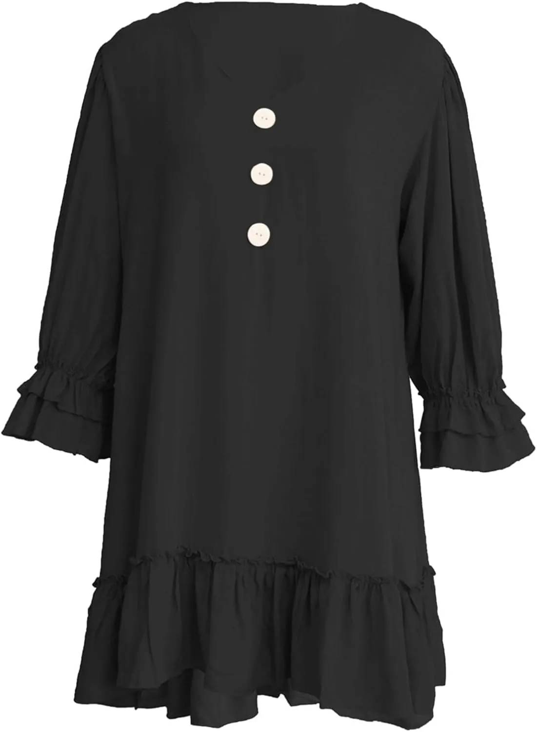 Women Summer Linen Dress Ruffle Hem Button Down Long Sleeve Mini Dress Deep V Neck Flowy Beach Vacation Short Dresses