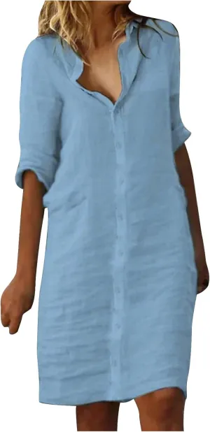 Womens Button Down Shirt Dress Summer Cotton Linen Dress V-Neck Mini Dress Casual Half Sleeve Loose Tunic Dresses