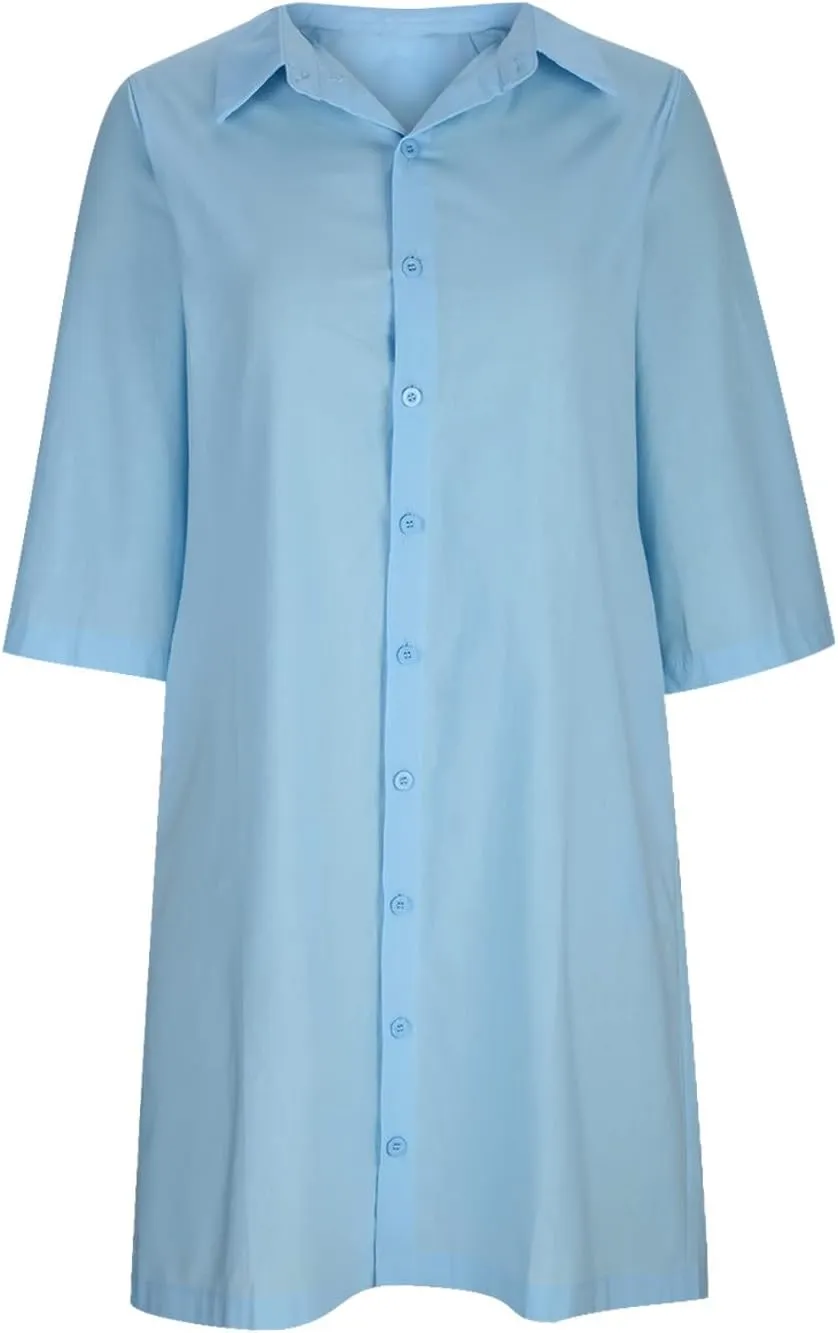 Womens Button Down Shirt Dress Summer Cotton Linen Dress V-Neck Mini Dress Casual Half Sleeve Loose Tunic Dresses
