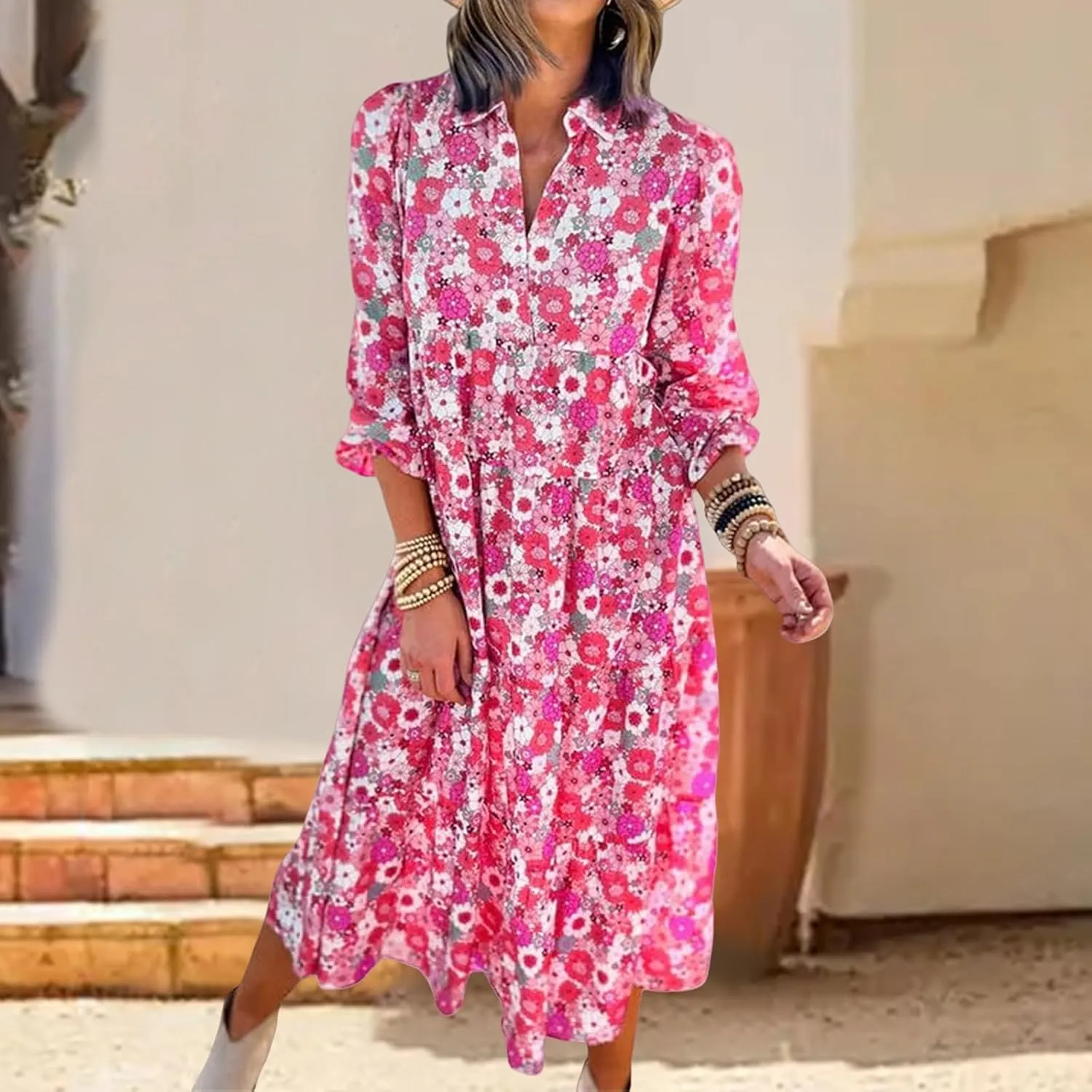 Womens Casual Boho Floral Midi Dresses Puff Sleeve V Neck Ruffle Dresses Summer Loose Dress Tiered Beach Sundress