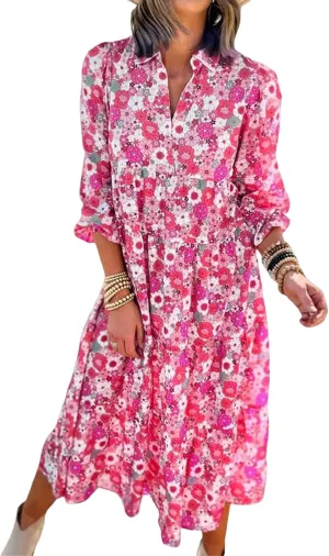 Womens Casual Boho Floral Midi Dresses Puff Sleeve V Neck Ruffle Dresses Summer Loose Dress Tiered Beach Sundress