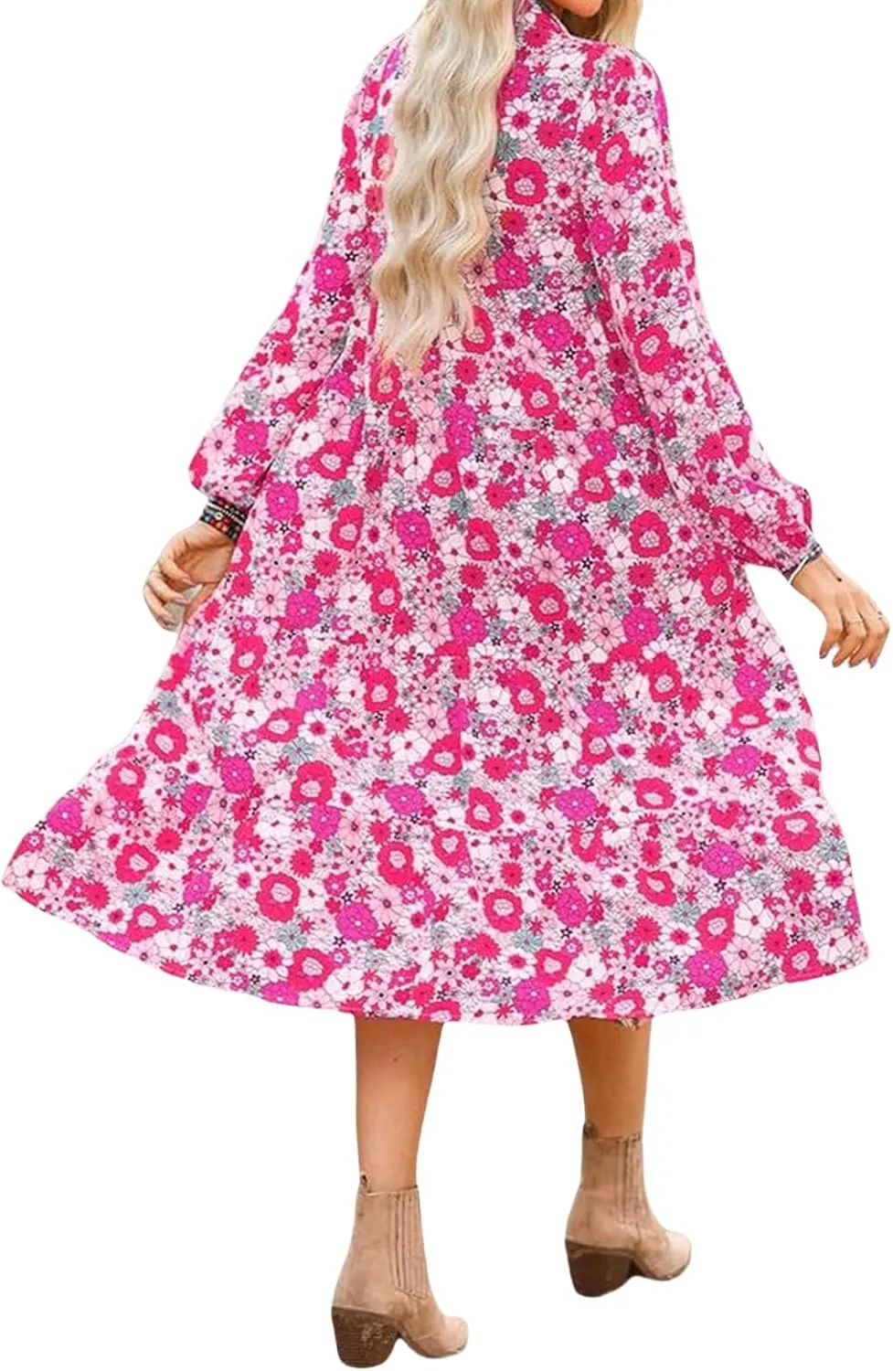 Womens Casual Boho Floral Midi Dresses Puff Sleeve V Neck Ruffle Dresses Summer Loose Dress Tiered Beach Sundress