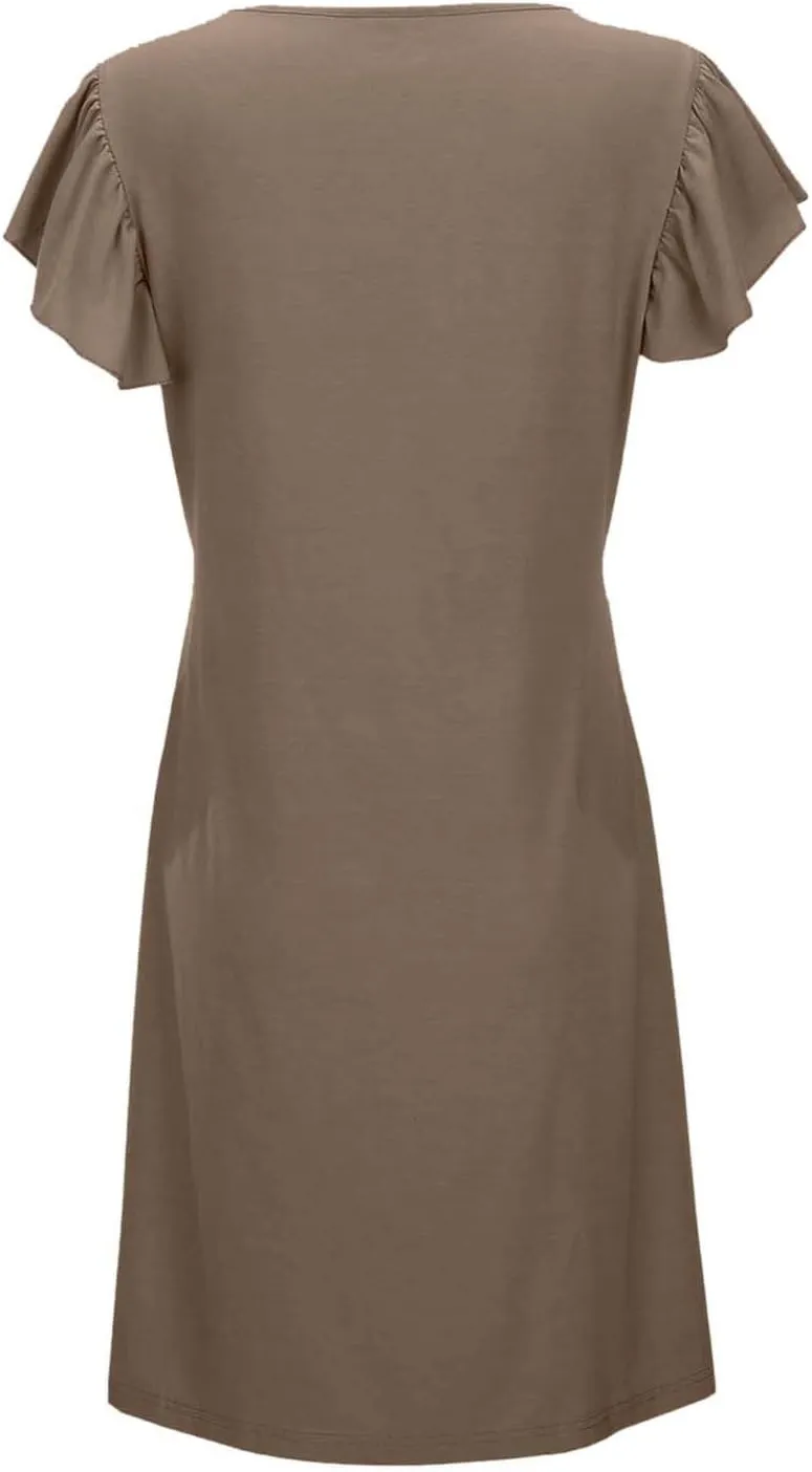 Women's Casual Summer Dresses 2025 Beach Deep V Neck Solid Color Dresses Loose Sundress Ruffle Sleeve Mini Dress