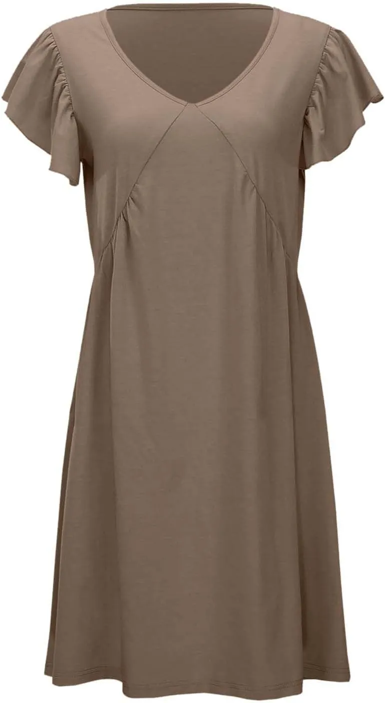 Women's Casual Summer Dresses 2025 Beach Deep V Neck Solid Color Dresses Loose Sundress Ruffle Sleeve Mini Dress