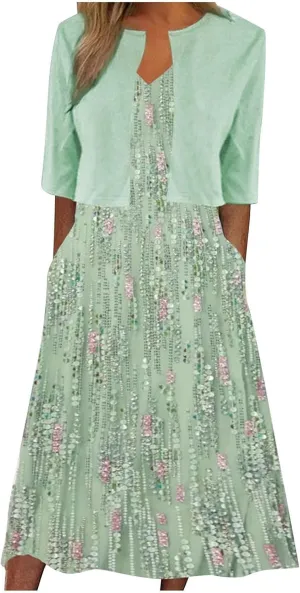 Womens Floral Maxi Dresses 2 Piece Set Sleeveless A Line Summer Beach Wedding Guest Dress with Cardigan 2025 Trendy