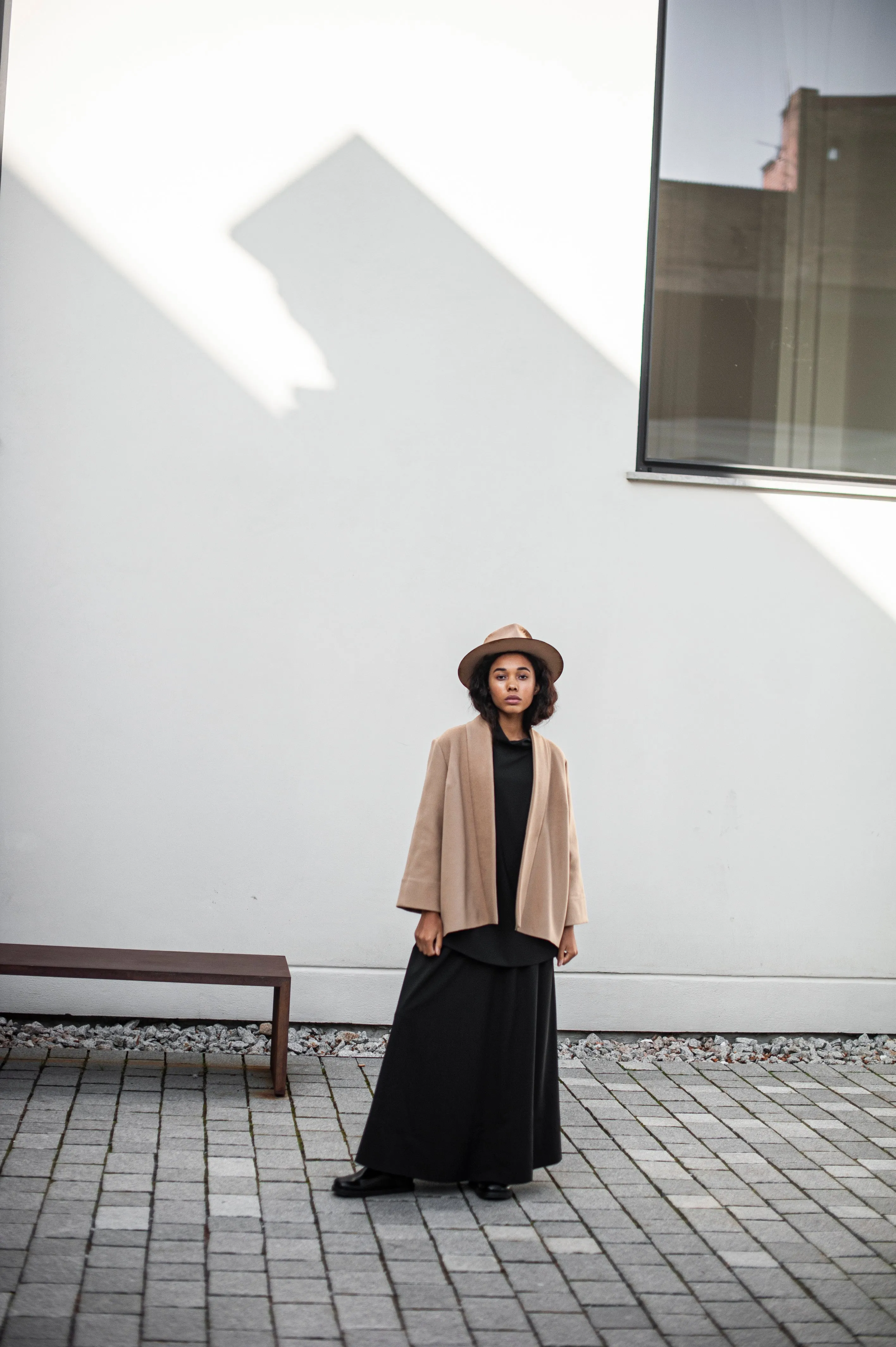Women's Haori style wool blazer with zipper detail and open front