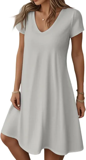 Womens Midi Floral Dresses Summer Trendy Loose Flowy A Line Dress Boho Short Sleeve V Neck Frocks