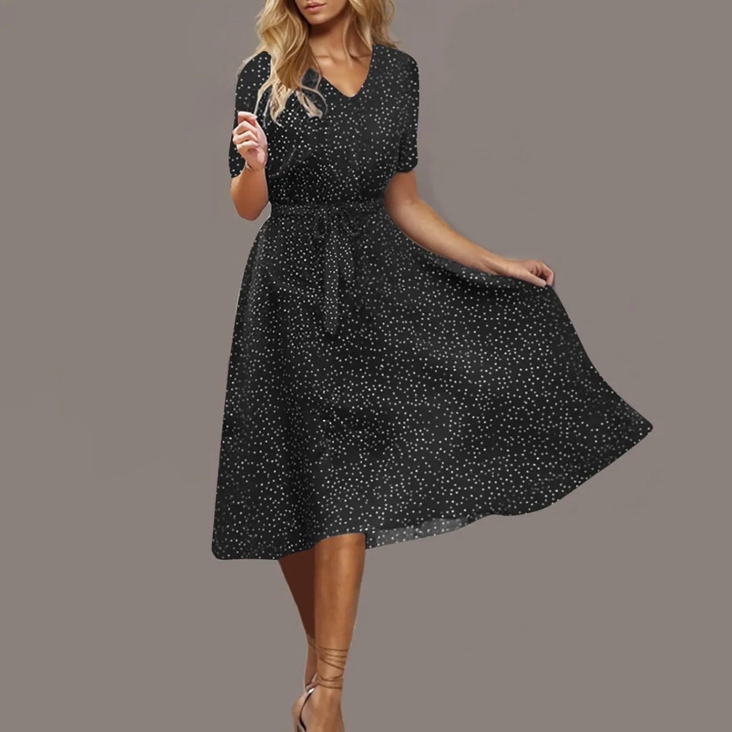Womens Plus Size Casual Midi Boho Summer Dresses with Short Sleeves and Belt V-Neck Polka Dot Beach Vacation Sundress