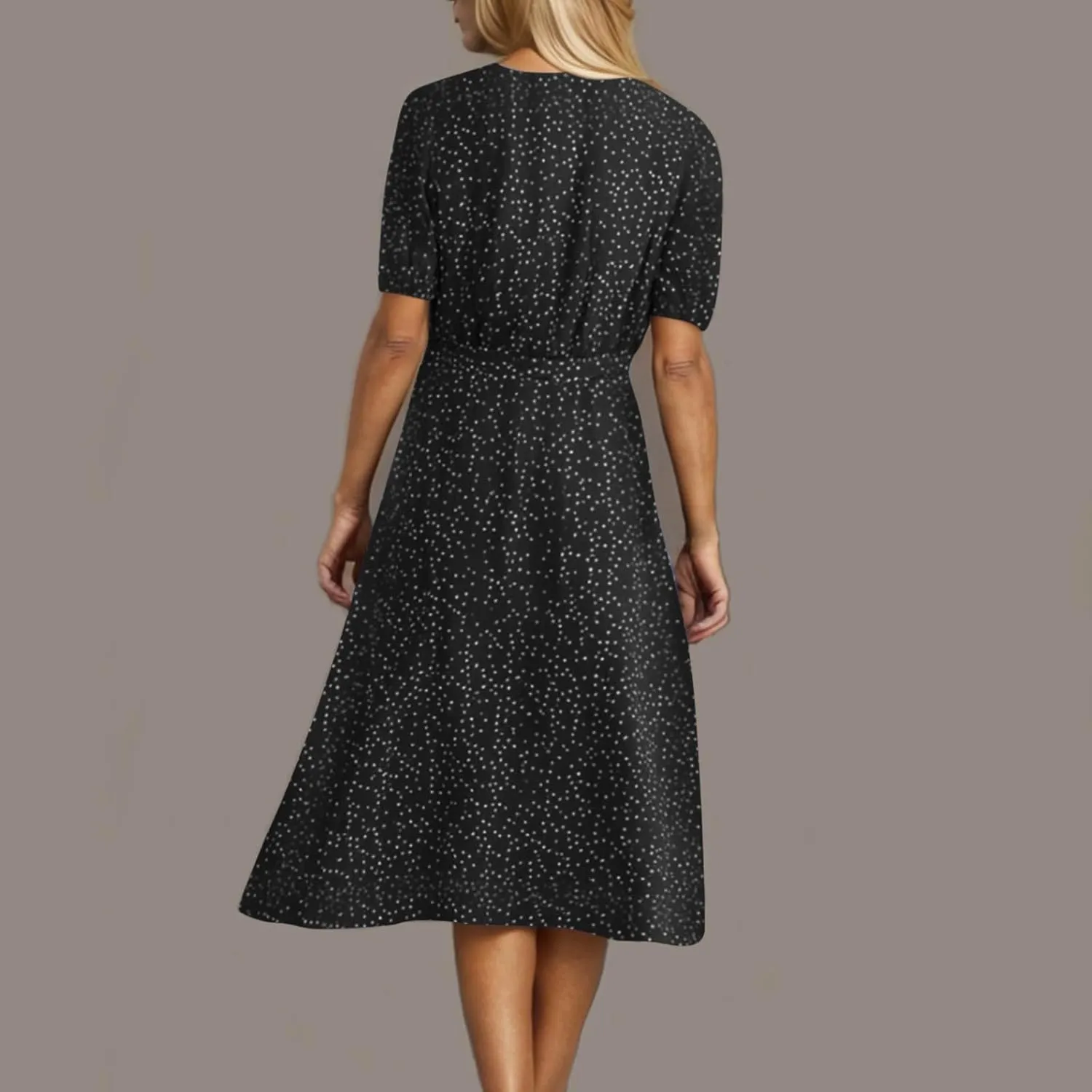 Womens Plus Size Casual Midi Boho Summer Dresses with Short Sleeves and Belt V-Neck Polka Dot Beach Vacation Sundress
