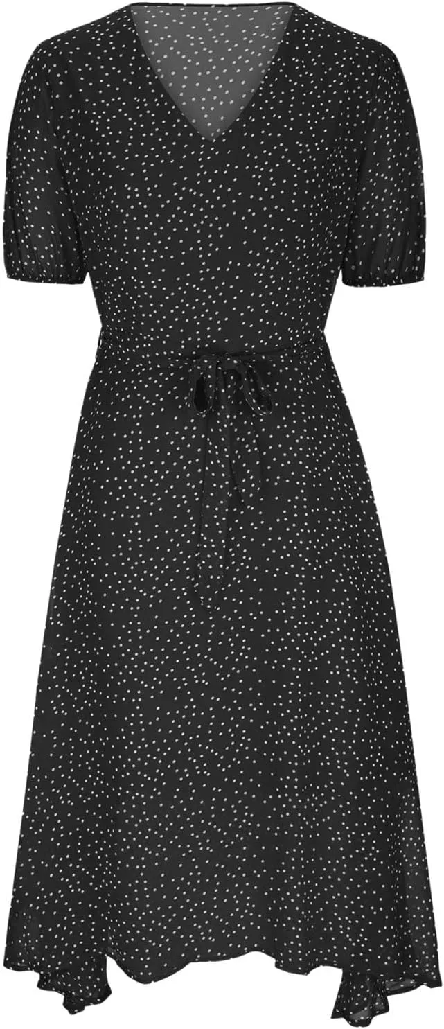 Womens Plus Size Casual Midi Boho Summer Dresses with Short Sleeves and Belt V-Neck Polka Dot Beach Vacation Sundress