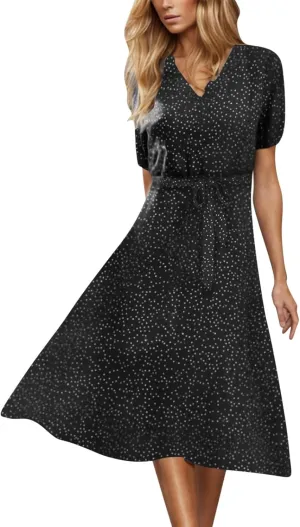 Womens Plus Size Casual Midi Boho Summer Dresses with Short Sleeves and Belt V-Neck Polka Dot Beach Vacation Sundress