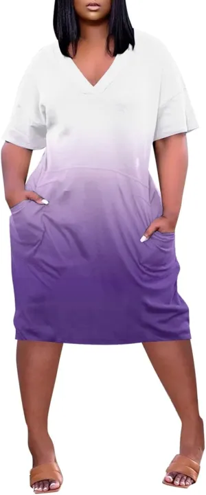 Women's Plus Size Summer Dresses 2024 V Neck Short Sleeve Knee Length Dress for Women with Pockets,S-5XL