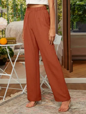 Women's Rust Brown Chic Elastic Waist Straight Leg Pants