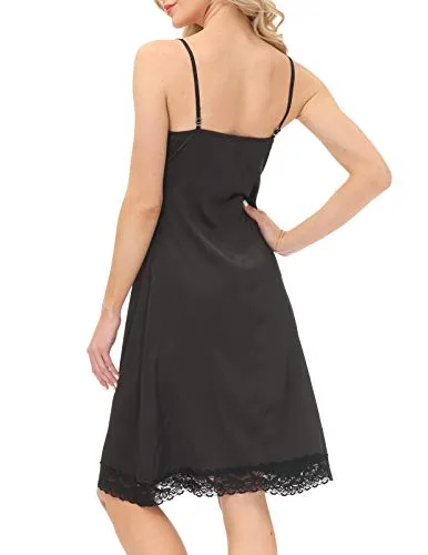 Women's Silky Full Slip Adjustable Spaghetti Strap Lace Full Slip (Black, S)