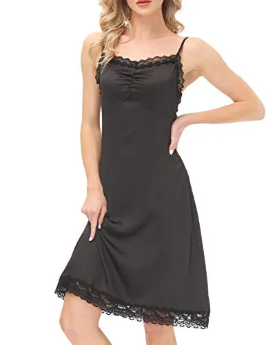 Women's Silky Full Slip Adjustable Spaghetti Strap Lace Full Slip (Black, S)