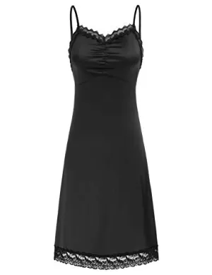 Women's Silky Full Slip Adjustable Spaghetti Strap Lace Full Slip (Black, S)