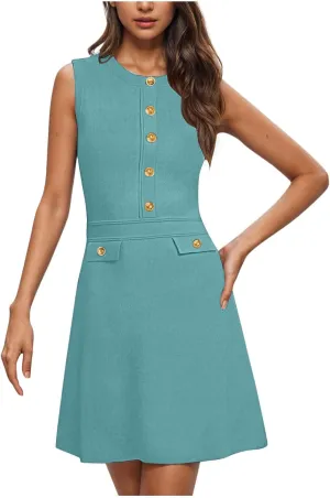 Women's Sleeveless A-Line Dress 2025 Summer Button Elegant Mini Dresses Slim Wear to Work Business Office Dress