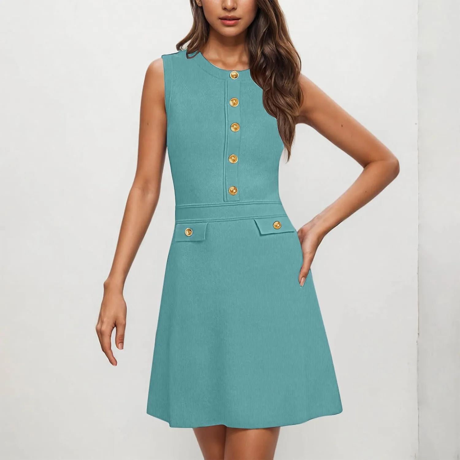 Women's Sleeveless A-Line Dress 2025 Summer Button Elegant Mini Dresses Slim Wear to Work Business Office Dress