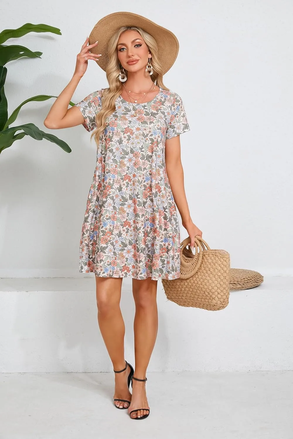 Womens Summer Casual Dresses Paisley Floral T Shirt Dress Short Sleeve Plus Size Sundress Swing Boho Dress with Pockets